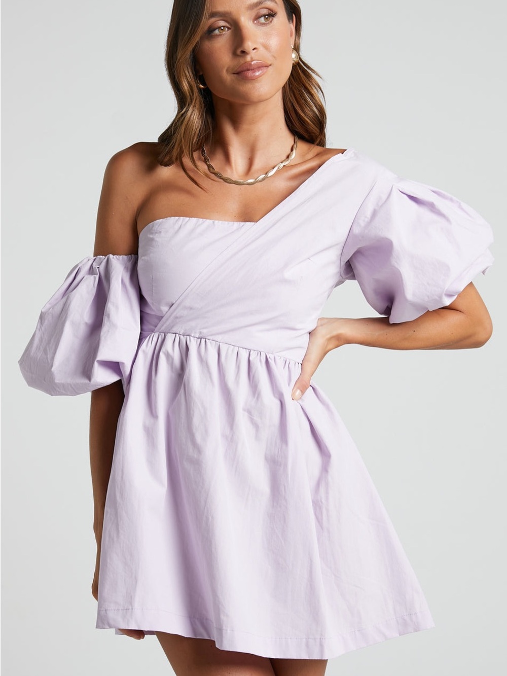 Showpo One-Shoulder Puff Sleeve Mini Dress in Lilac